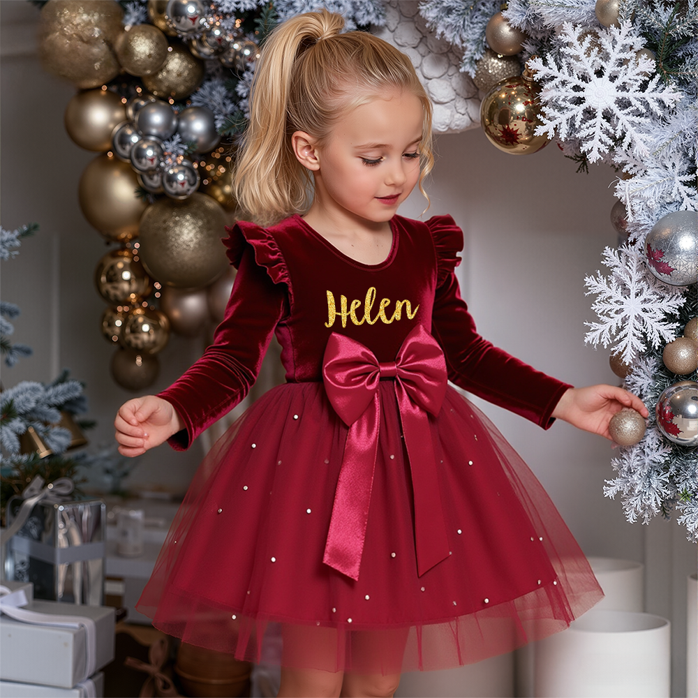 Personalized Girl Christmas Bow Red Tulle Dress by Fleeceft