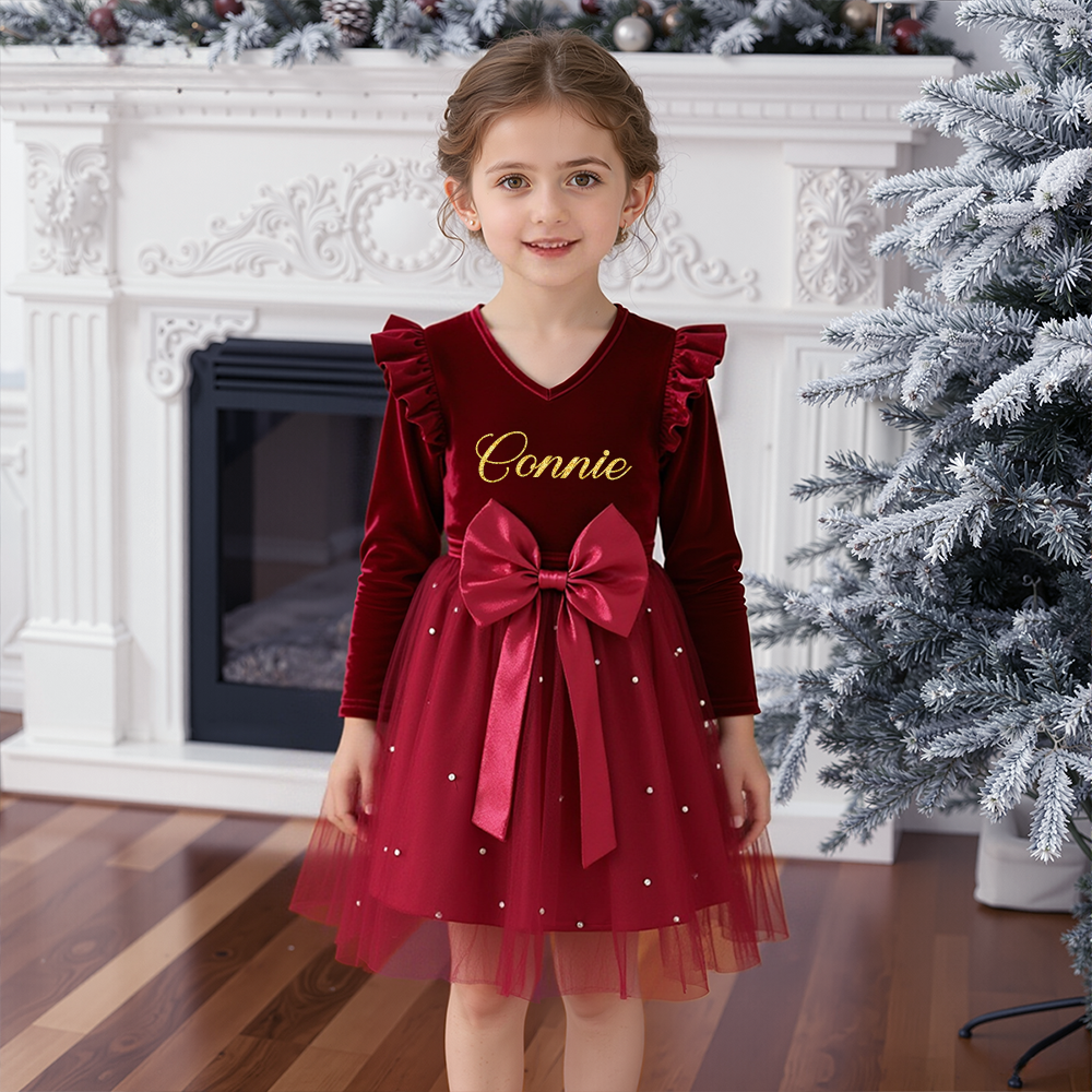 Personalized Girl Christmas Bow Red Tulle Dress by Fleeceft