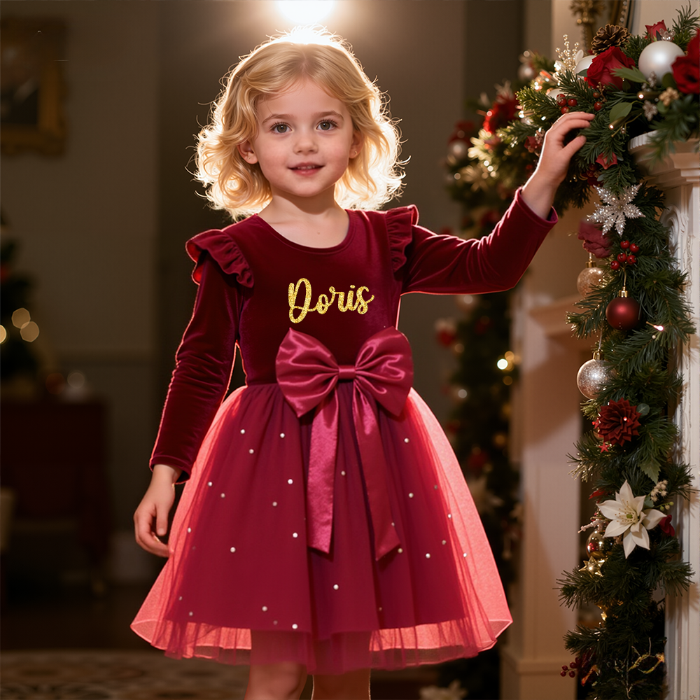 Personalized Girl Christmas Bow Red Tulle Dress by Fleeceft