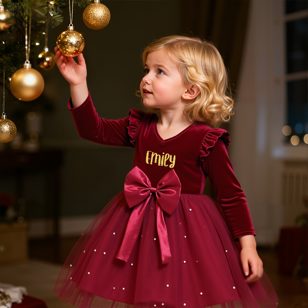 Personalized Girl Christmas Bow Red Tulle Dress by Fleeceft