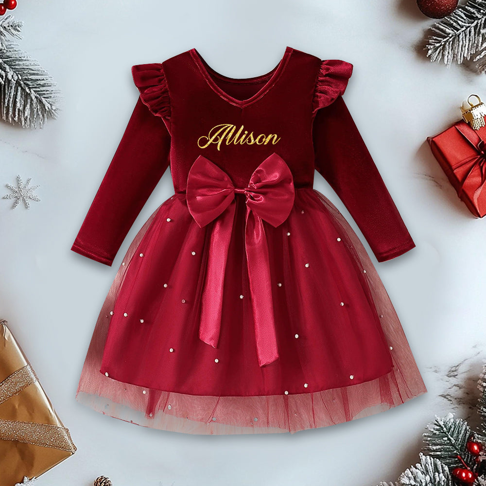 Personalized Girl Christmas Bow Red Tulle Dress by Fleeceft