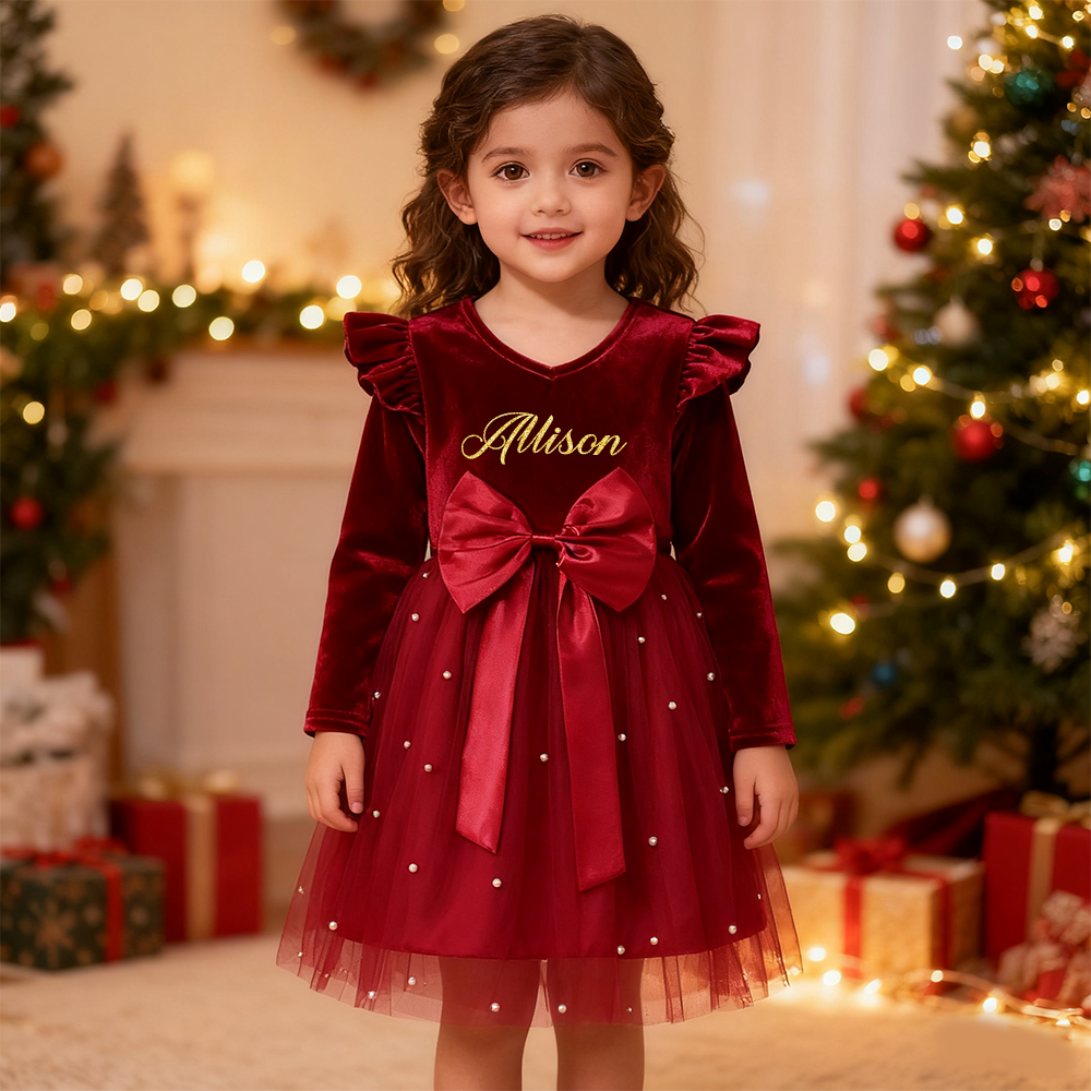 Personalized Girl Christmas Bow Red Tulle Dress by Fleeceft
